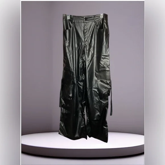 Faux Leather Wide Leg Cargo Pants - Picture 1 of 4